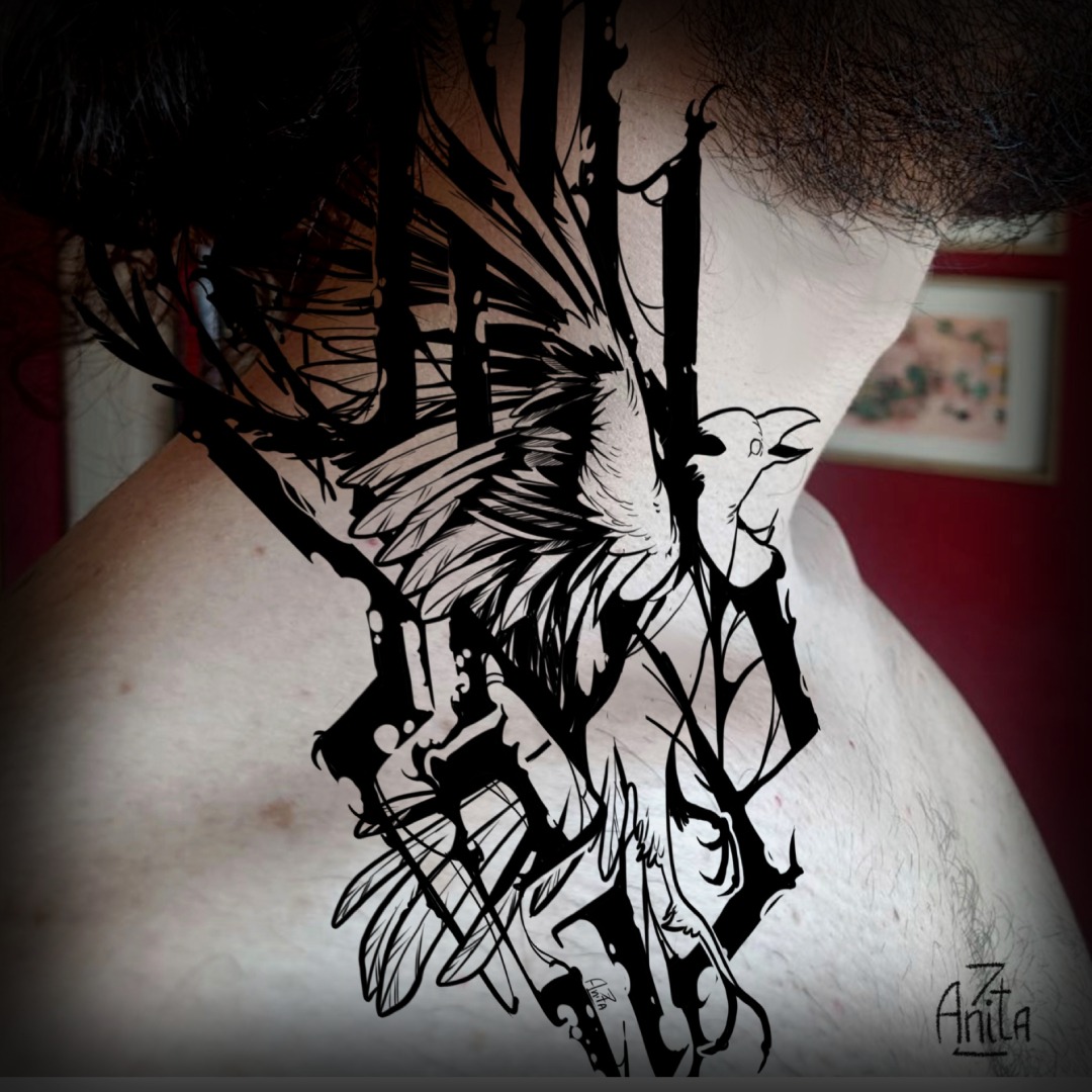 Tatuaggio dark lettering winter con corvo su collo